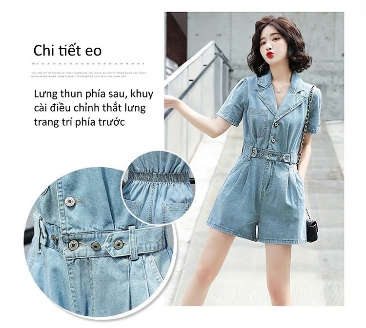 Jumpsuit Quần Short Nữ Jean Cotton Tay Ngắn Cổ chữ Vest Dáng Ôm Phong Cách Hàn Quốc Màu Xanh chi tiết 5