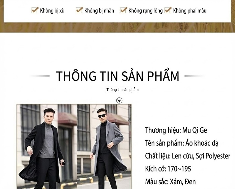 Áo Khoác Dạ Nam Dáng Dài Business Casual Màu Đen, Xám chi tiết 9