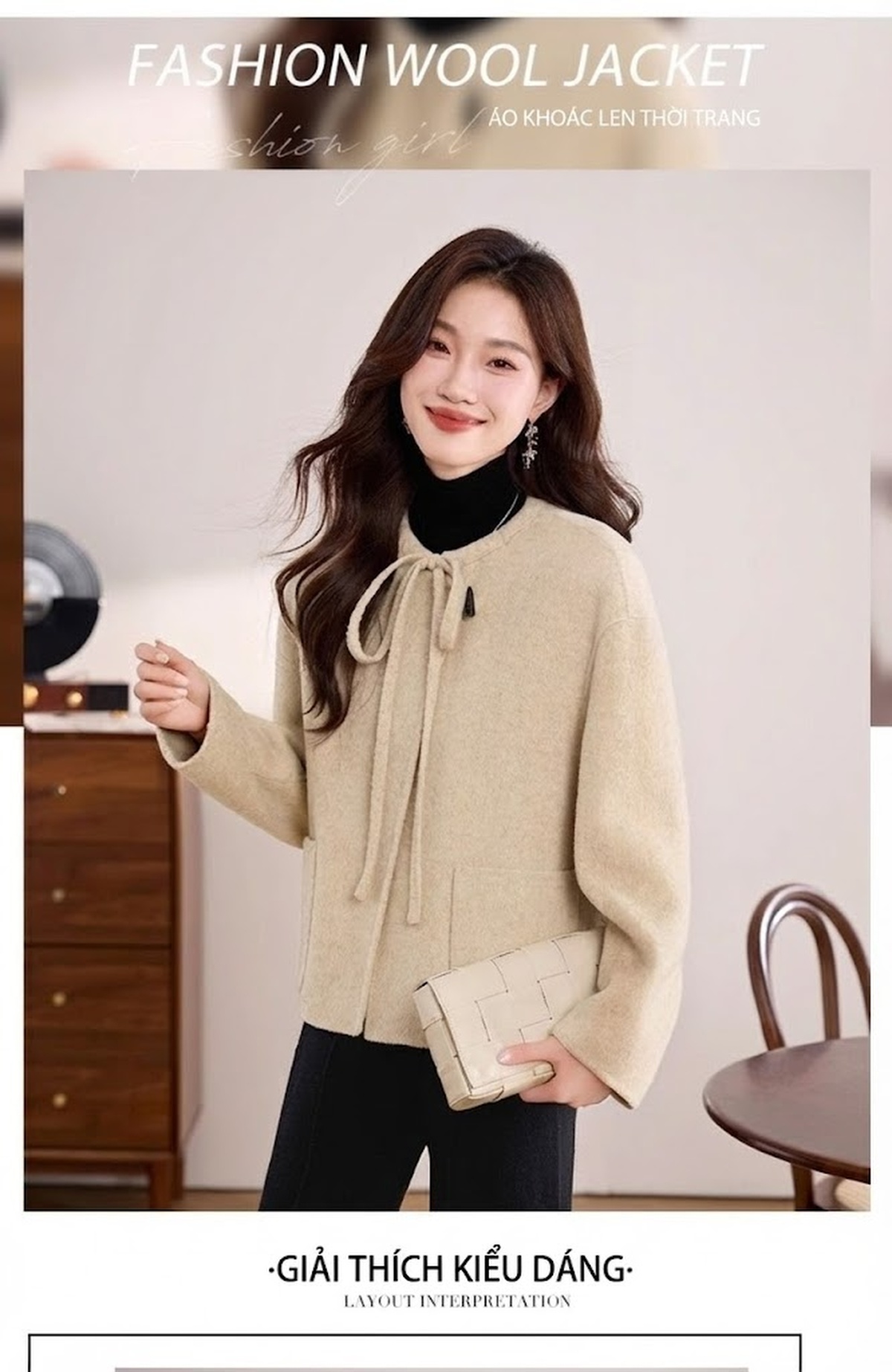 Áo Khoác Dạ Nữ Hai Mặt Phong Cách Tiểu Thư Thanh Lịch Màu Be, Đen chi tiết 4