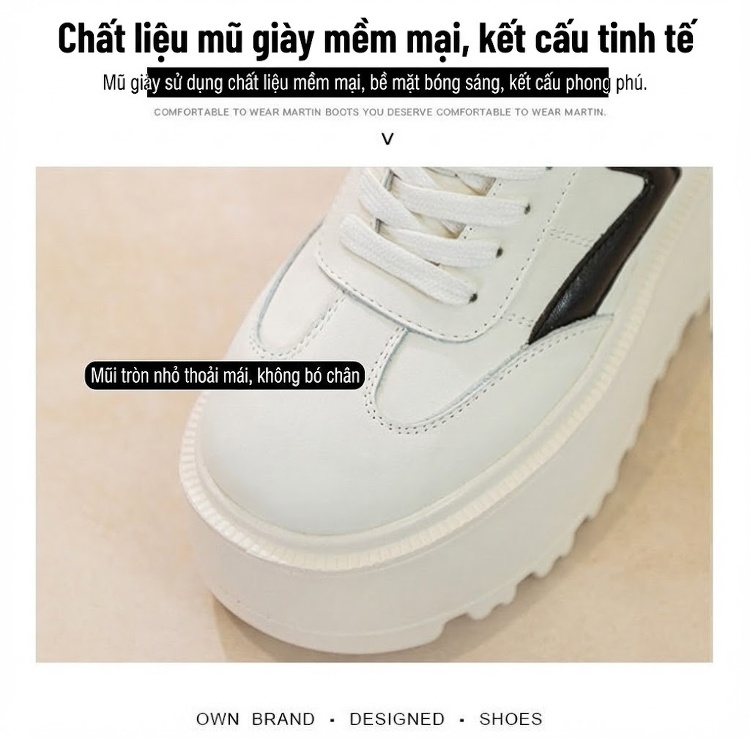 Giày Sneaker Nữ Da Bóng Đế Bánh Mì Chiều Cao Đế Khoảng 5cm Màu Trắng, Đen chi tiết 10