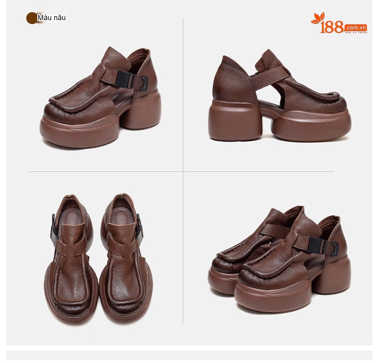 Dép Sandal Nữ Da Bò Hở Mũi Quai Dán Đế Cao 5cm - 6cm Màu Đen, Nâu chi tiết 16