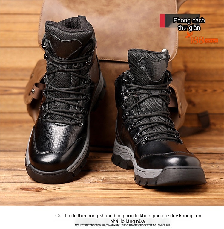 Giày Cao Cổ Nam Da Bò Lót Lông Giữ Ấm Chiều Cao Đế Khoảng 4cm Màu Đen chi tiết 16