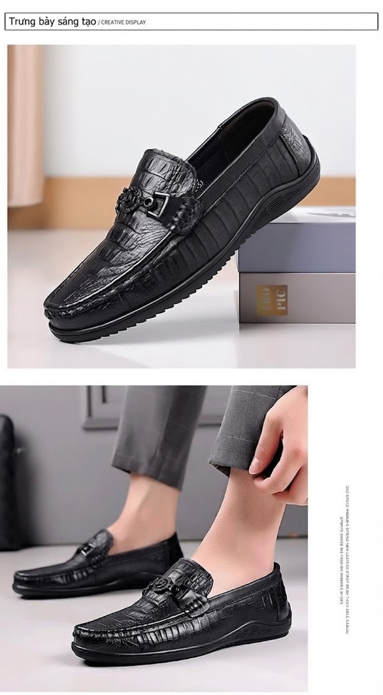 Giày Lười Nam Da Bò Vân Cá Sấu Chiều Cao Đế Khoảng 3cm Màu Đen chi tiết 7