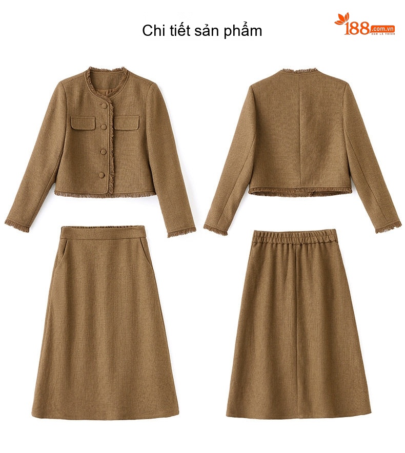 Set Áo Khoác Lửng Tay Dài Cổ Tròn và Chân Váy Midi A Line Trám Bông Dày Dặn Màu Nâu, Đỏ chi tiết 35