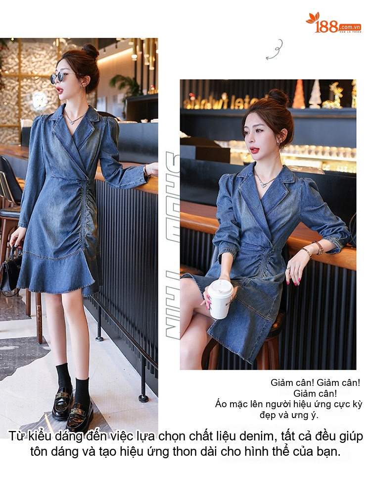 Váy Jean Dài Tay Nữ Dáng Ôm Eo Thiết Kế Xếp Ly Hàn Quốc Màu Xanh Jean chi tiết 8