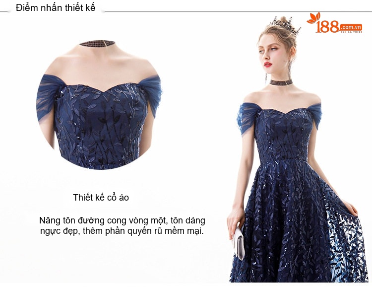 Váy Dạ Hội Dáng Dài Cổ chữ Vuông Tay Bồng Thướt Tha Màu Xanh Navy chi tiết 2