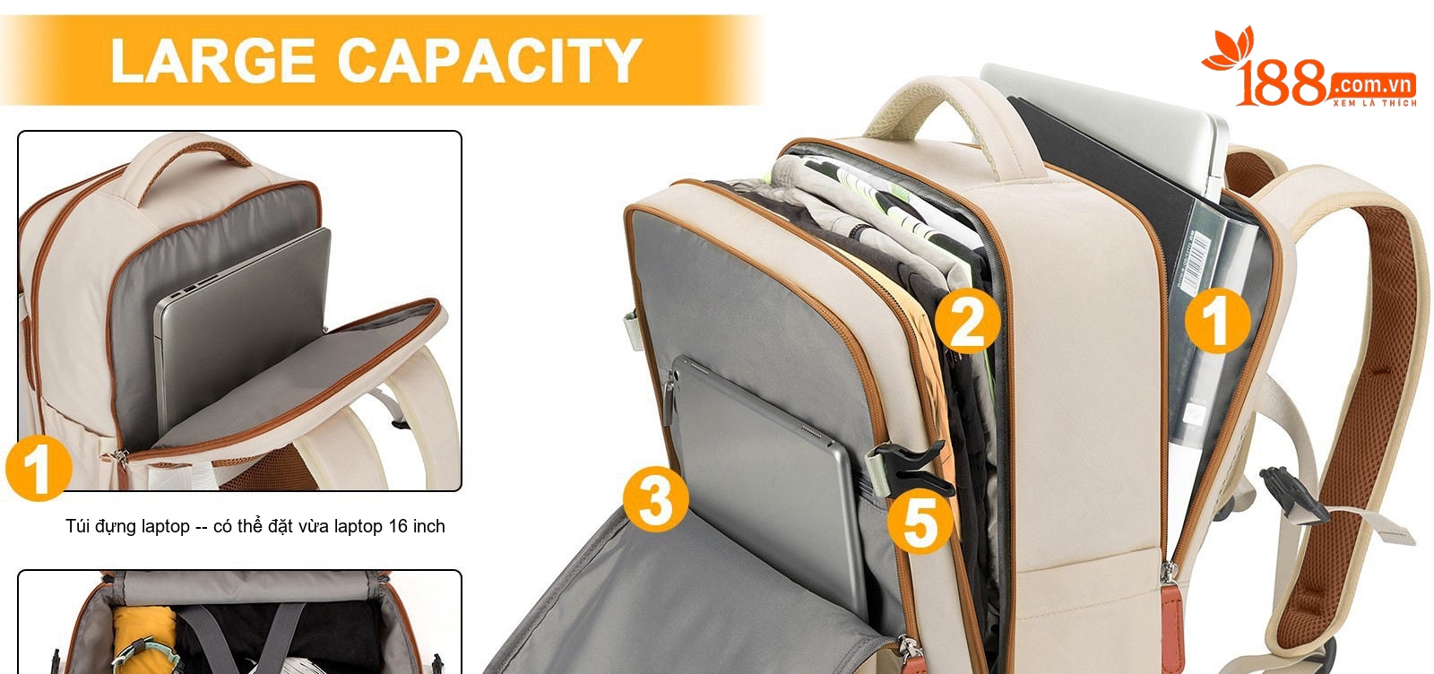 Balo Laptop Du Lịch Vải Bố Đa Năng Sức Chứa Lớn Màu Kem, Nâu