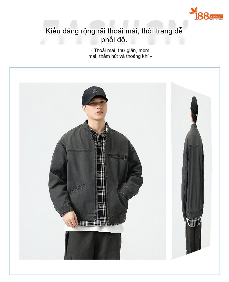 Áo Khoác Jean Nam Cao Cấp Form Rộng Phong Cách Retro Màu Xám Đen chi tiết 3