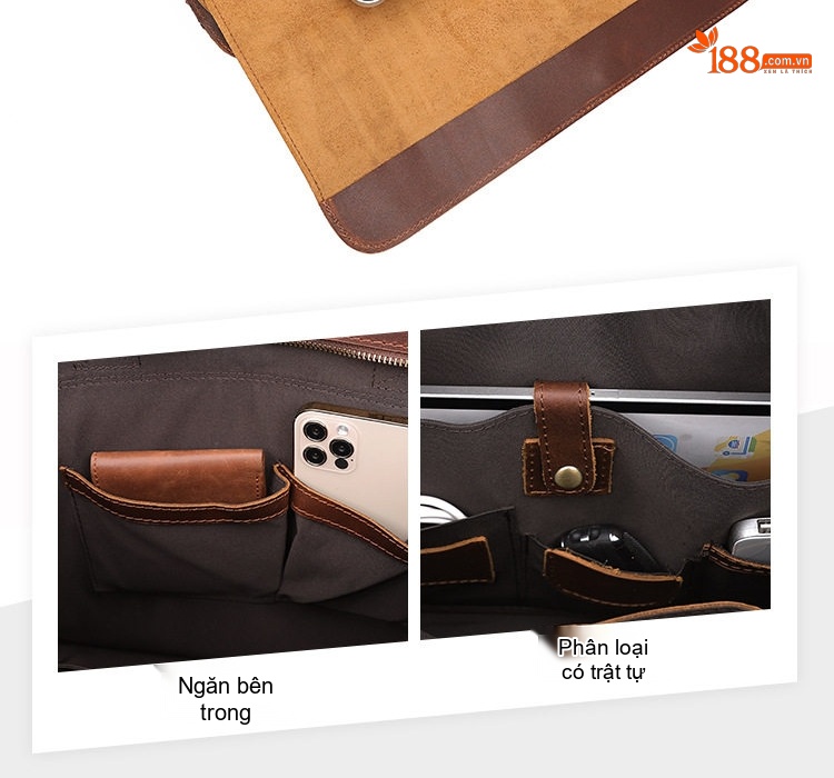 Túi Đựng Laptop Nam Da Thật Vintage Đa Năng Công Sở Có Quai Xách Tay Đeo Vai Màu Nâu chi tiết 8