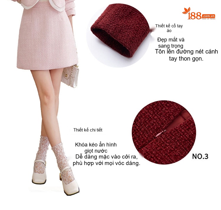 Set Áo Khoác và Chân Váy Ngắn Tiểu Thư Thanh Lịch Màu Đỏ, Hồng, Đen chi tiết 8