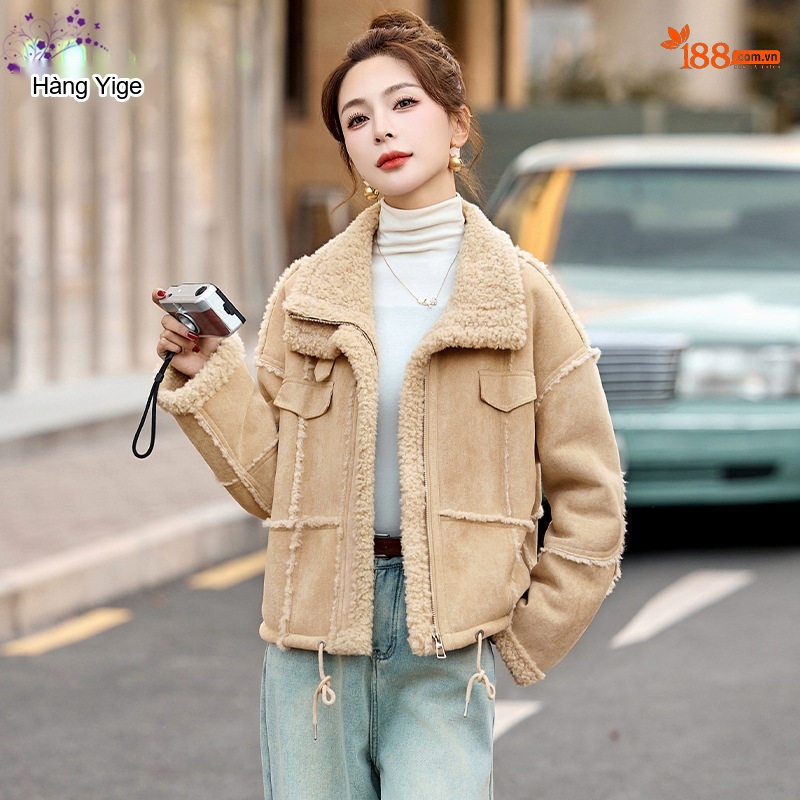 Áo Khoác Lông Cừu Non Nữ Lót Nhung Dày Dặn Kiểu Bomber Da Lộn Màu Be, Nâu