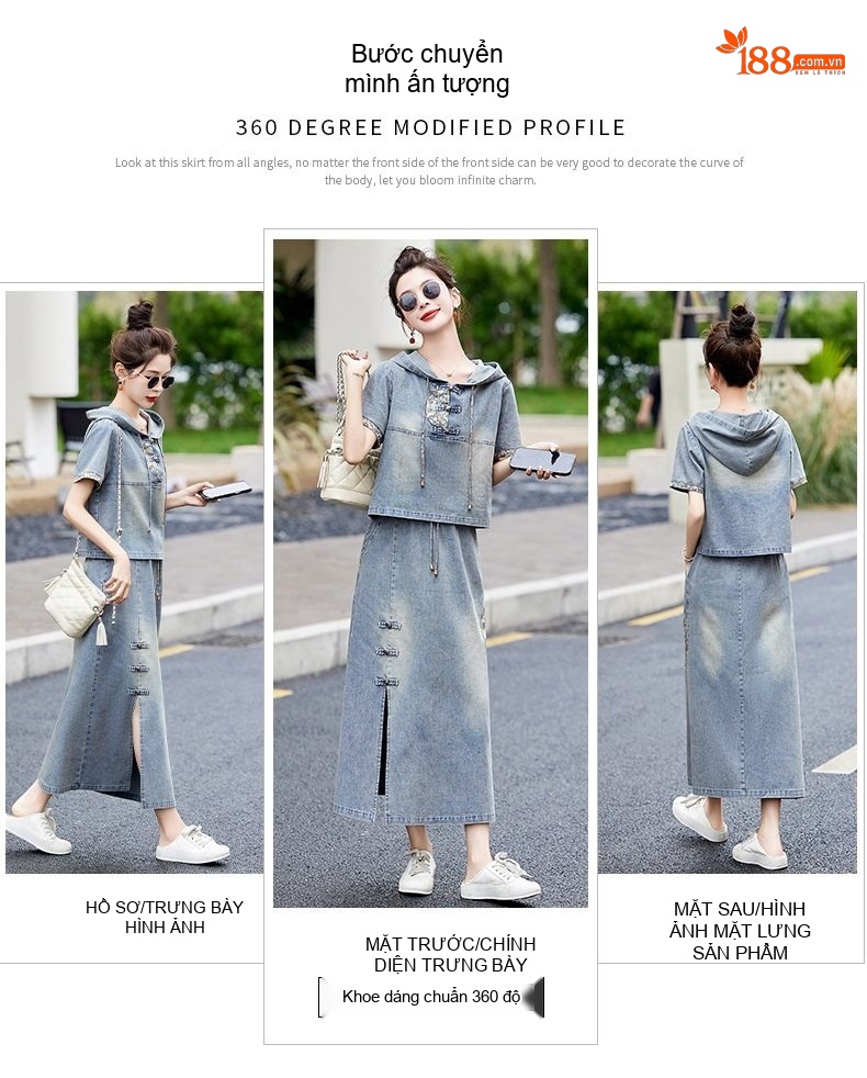 Set Bộ Quần Áo Nữ Phong Cách Trung Hoa Cổ Điển Áo Hoodie Tay Ngắn Chân Váy Jean Dáng Dài Thêu Họa Tiết chi tiết 5