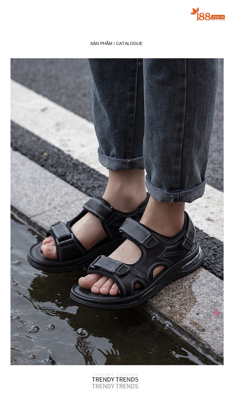 Dép Sandal Nam Quai Dán Mềm Mại Thoáng Khí Chống Trượt Chiều Cao Đế Khoảng 4cm Màu Đen chi tiết 8