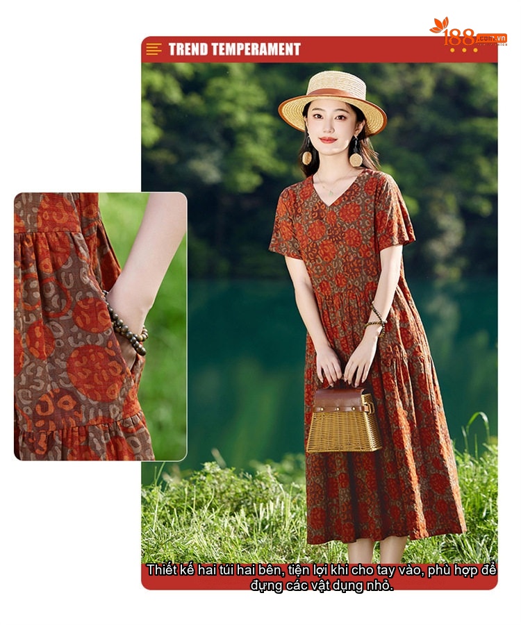 Váy liền thân Nữ Cổ chữ V In Họa Tiết Thiết Kế Thanh Lịch Thoáng Mát Màu Đỏ, Xanh Lá chi tiết 5