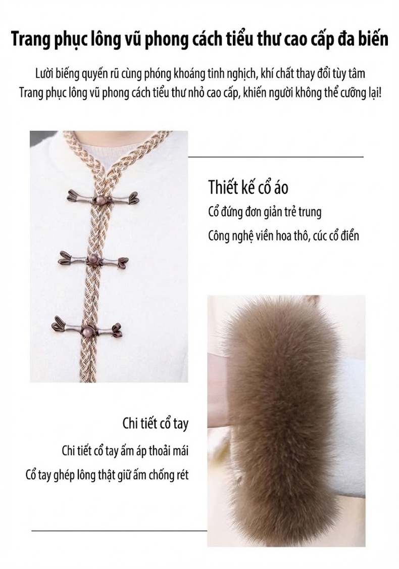 Set Bộ Áo Khoác Lông Cổ Tay và Chân Váy Phong Cách Trung Hoa Màu Trắng, Nâu chi tiết 5