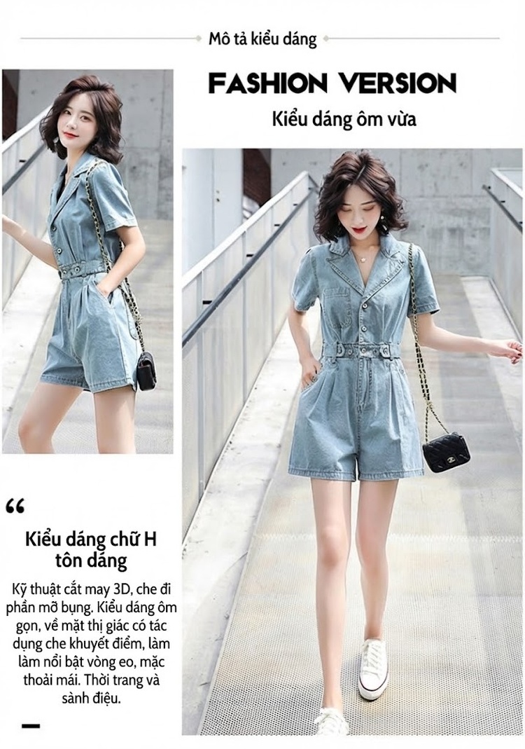 Jumpsuit Quần Short Nữ Jean Cotton Tay Ngắn Cổ chữ Vest Dáng Ôm Phong Cách Hàn Quốc Màu Xanh chi tiết 7