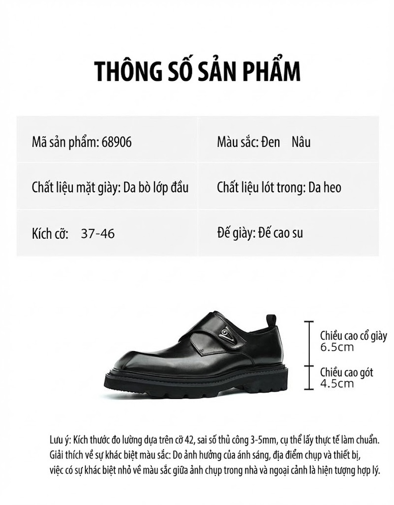 Giày Tây Nam Da Thật Đế Cao Khoảng 5cm Khóa Dán Màu Đen, Nâu chi tiết 2