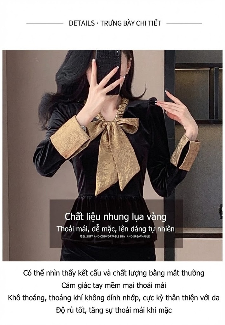 Set Bộ Nữ Áo Nhung Tay Dài Thắt Nơ Cổ Chân Váy Xẻ Tà Màu Đen chi tiết 4