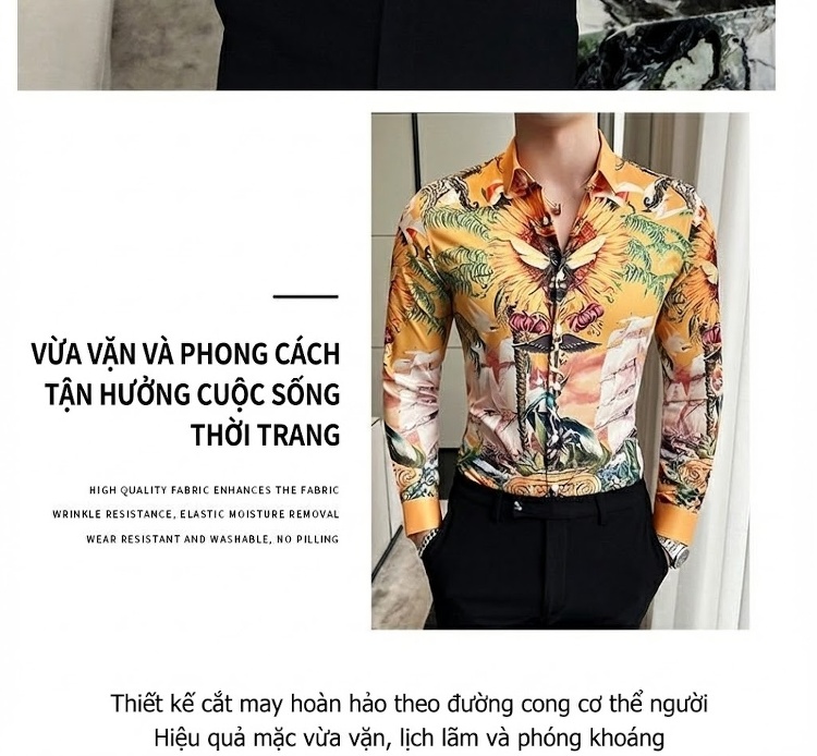 Áo Sơ Mi Nam Tay Dài In Họa Tiết Phong Cách Cá Tính Màu Vàng chi tiết 7