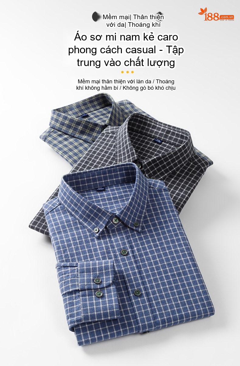 Áo Sơ Mi Nam Tay Dài Cotton Kẻ Sọc Mài Lông Dáng Ôm Vừa Vặn Màu Xanh Dương, Xám chi tiết 1