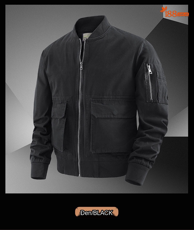 Áo Khoác Bomber Nam Cotton Giặt Nước Nhiều Túi Dáng Rộng Màu Đen, Xanh Olive, Nâu Vàng chi tiết 10