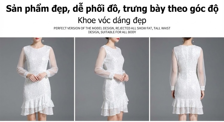 Đầm A Thêu Họa Tiết Ren Cổ Búp Bê Tay Dài Phong Cách Tiểu Thư Màu Trắng chi tiết 11