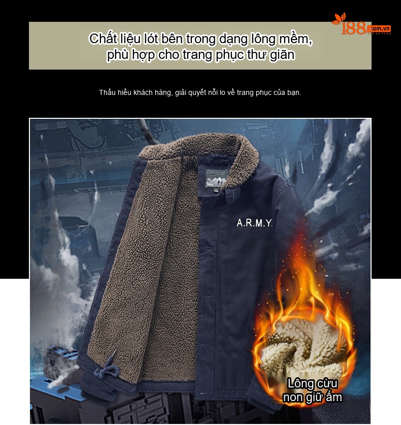 Áo Khoác Bomber Nam Lông Cừu Non Lót Lông Dày Dặn Kiểu Công Sở Màu Xanh Navy, Xanh Rêu chi tiết 2