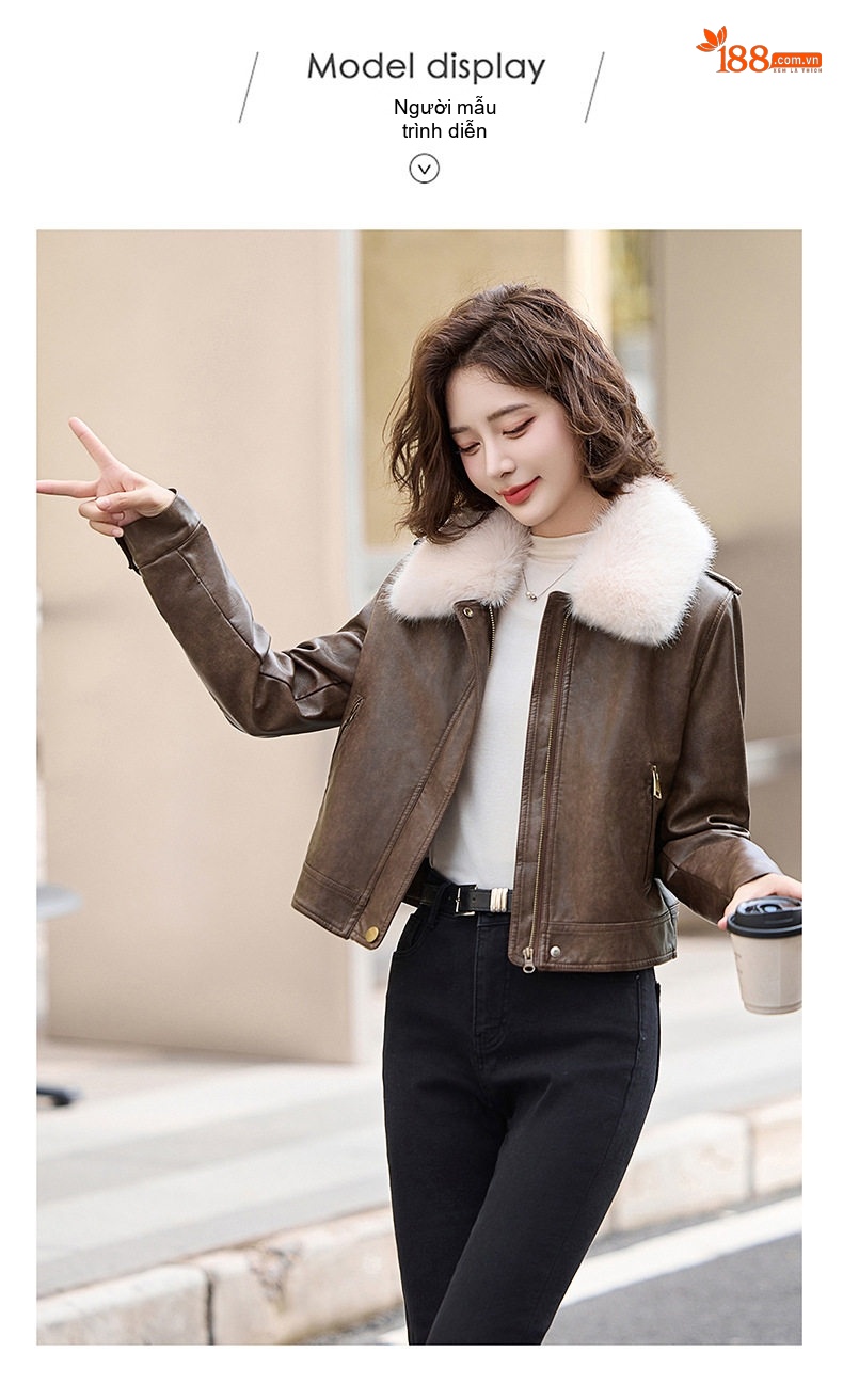 Áo Khoác Da PU Nữ Cổ Lông Dày Dặn Kiểu Bomber Màu Nâu, Trắng chi tiết 15