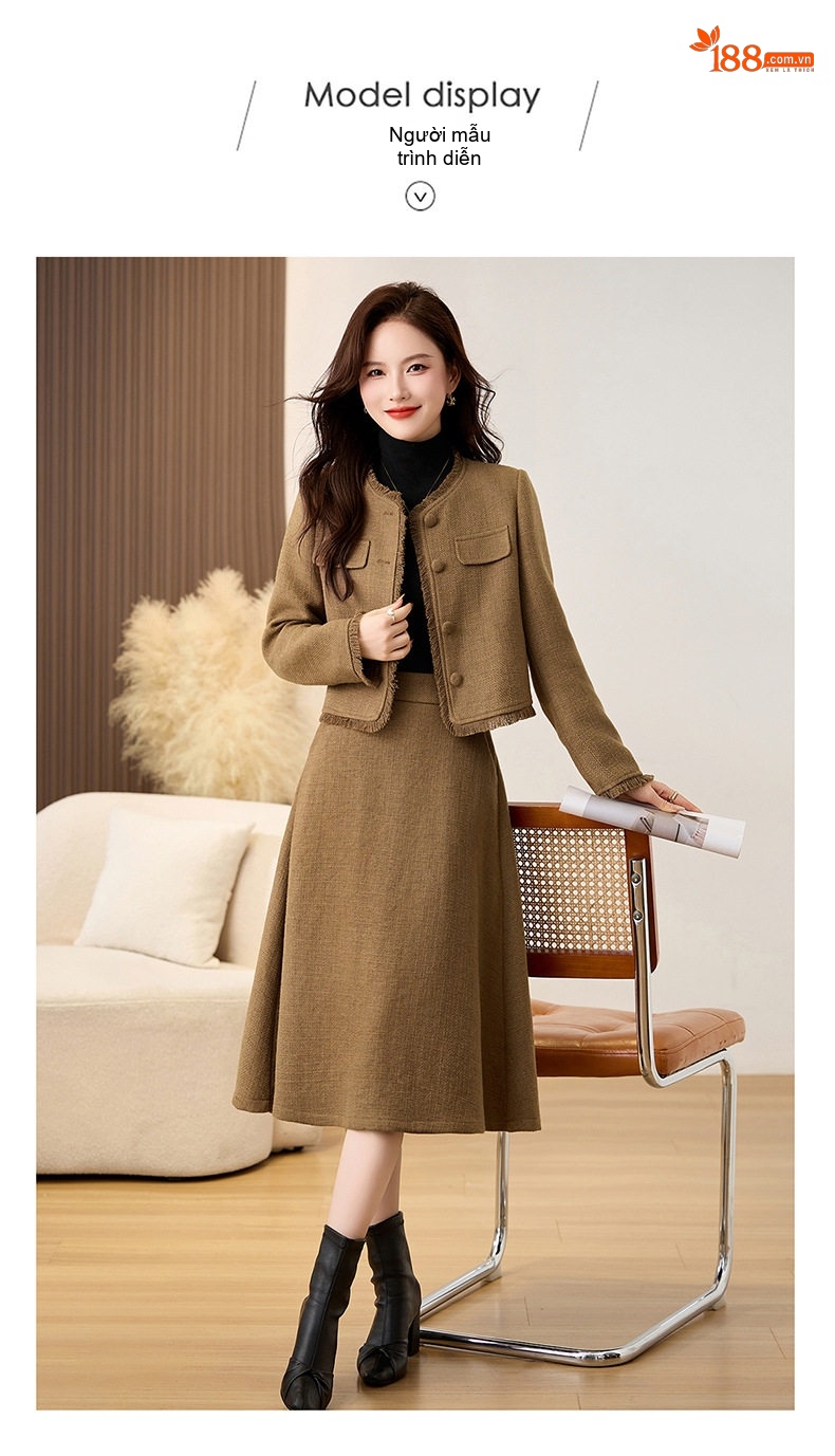 Set Áo Khoác Lửng Tay Dài Cổ Tròn và Chân Váy Midi A Line Trám Bông Dày Dặn Màu Nâu, Đỏ chi tiết 19