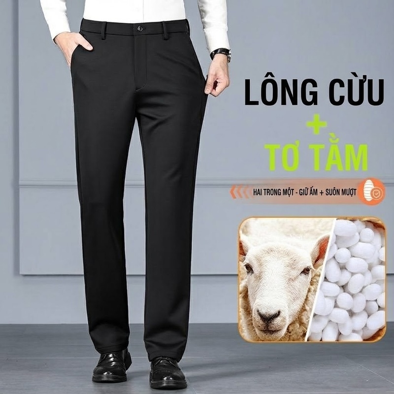 Quần Tây Nam Ống Đứng Mùa Thu Đông Chất Liệu Lông Cừu, Tơ Tằm Thoải Mái Co Giãn Màu Đen, Xám, Xanh Navy