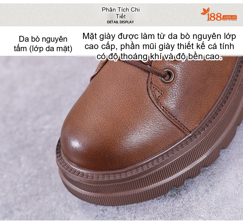 Boot Nữ Da Bò Cổ Ngắn Dây Buộc Chiều Cao Đế Khoảng 5cm Màu Nâu, Đen chi tiết 4
