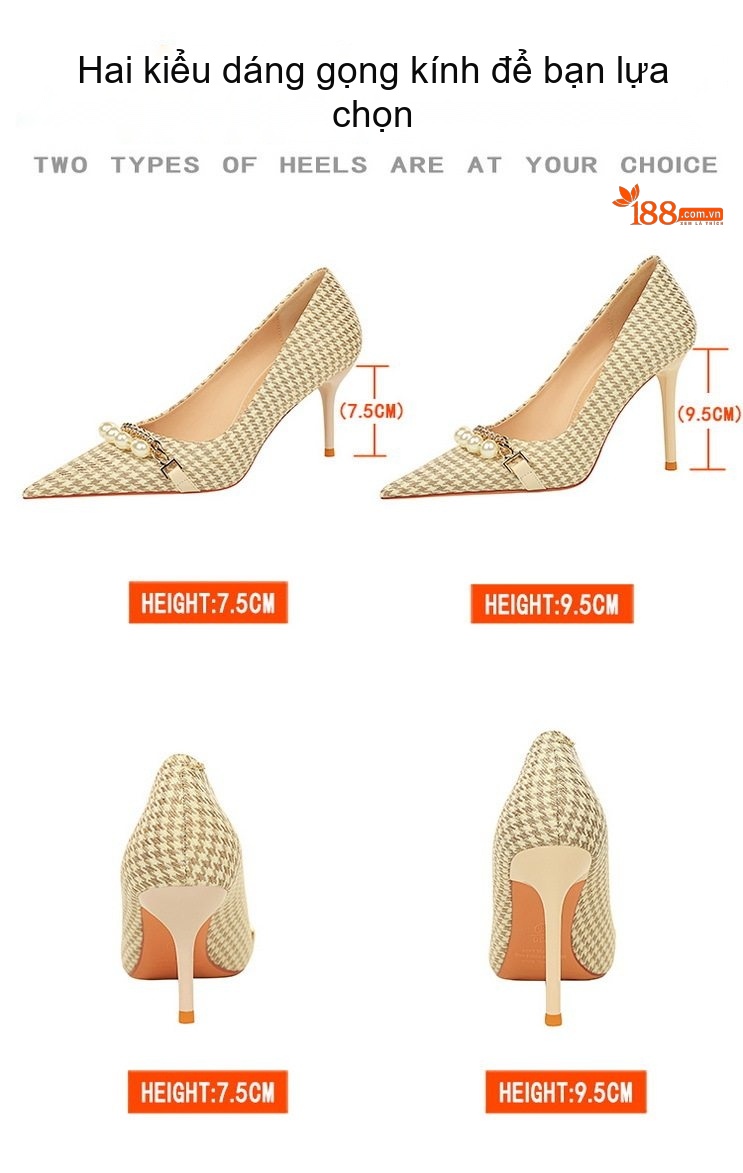 Giày Cao Gót Nữ Vải Họa Tiết Houndstooth Chiều Cao Đế Khoảng 7cm Màu Đen, Kem, Đính Ngọc Trai chi tiết 2