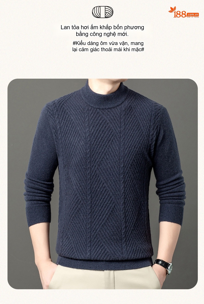 Áo Len Nam 100% Cashmere Dệt Kim Dày Dặn Giữ Ấm Cổ Cao Màu Nâu, Xám, Xanh Navy chi tiết 1