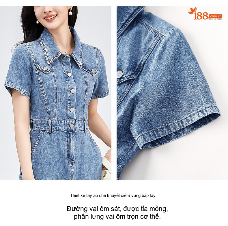 Váy Đầm Jean Nữ dáng chữ A Cổ Bẻ Tay Ngắn Phong Cách Thời Trang Trẻ Trung Màu Xanh Denim chi tiết 9