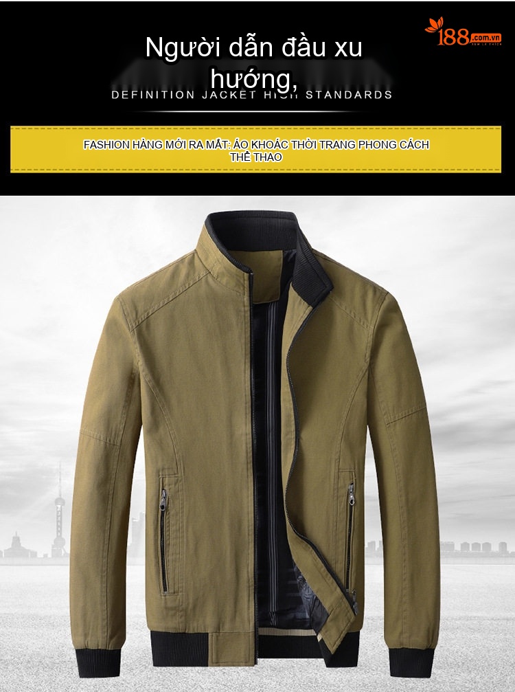 Áo Khoác Bomber Nam Cotton Dáng Đứng Cổ Giản Dị Màu Xanh Olive, Đỏ, Xanh Lá, Đen... chi tiết 1