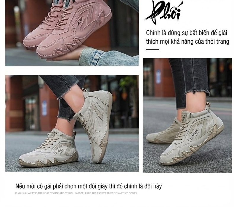 Giày Cổ Cao Nữ Da Thật, Giày Martin Mùa Đông, Giày Thể Thao Đế Bằng Chiều Cao Đế Khoảng 3cm Màu Be, Hồng, Xám chi tiết 4