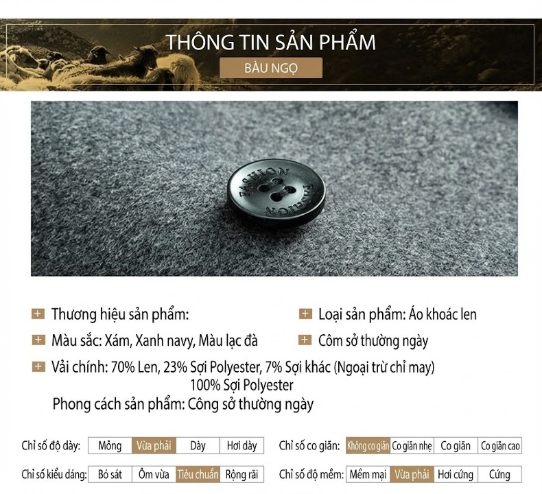 Áo Khoác Dạ Nam Dáng Dài Tay Thủ Công Màu Xám, Đen, Nâu, Xanh Navy chi tiết 11