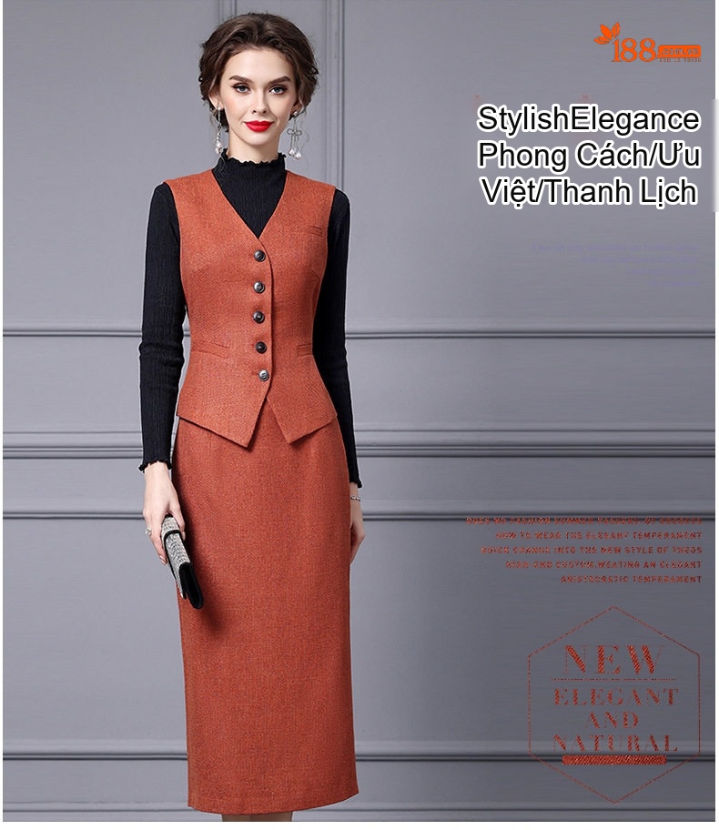 Bộ Áo Gile Nữ Vải Lông Cừu Non Chân Váy Dáng Dài Công Sở Màu Nâu Đất chi tiết 17