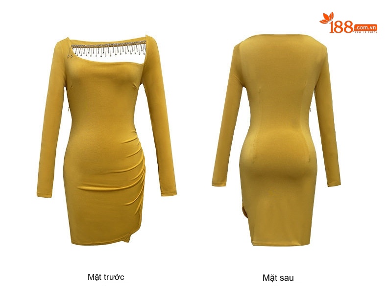 Váy Ôm Body Nữ Dài Tay, Viền Lưới, Xẻ Tà, Phong Cách Gợi Cảm Màu Đen, Vàng chi tiết 6