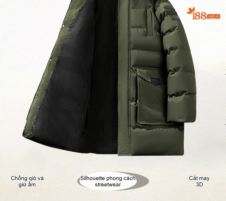 Áo Khoác Cotton Nam Dáng Dài Cỡ Lớn Có Mũ Trùm Đầu Lông To Dày Dặn Màu Đen, Xanh Navy, Xanh Rêu chi tiết 1