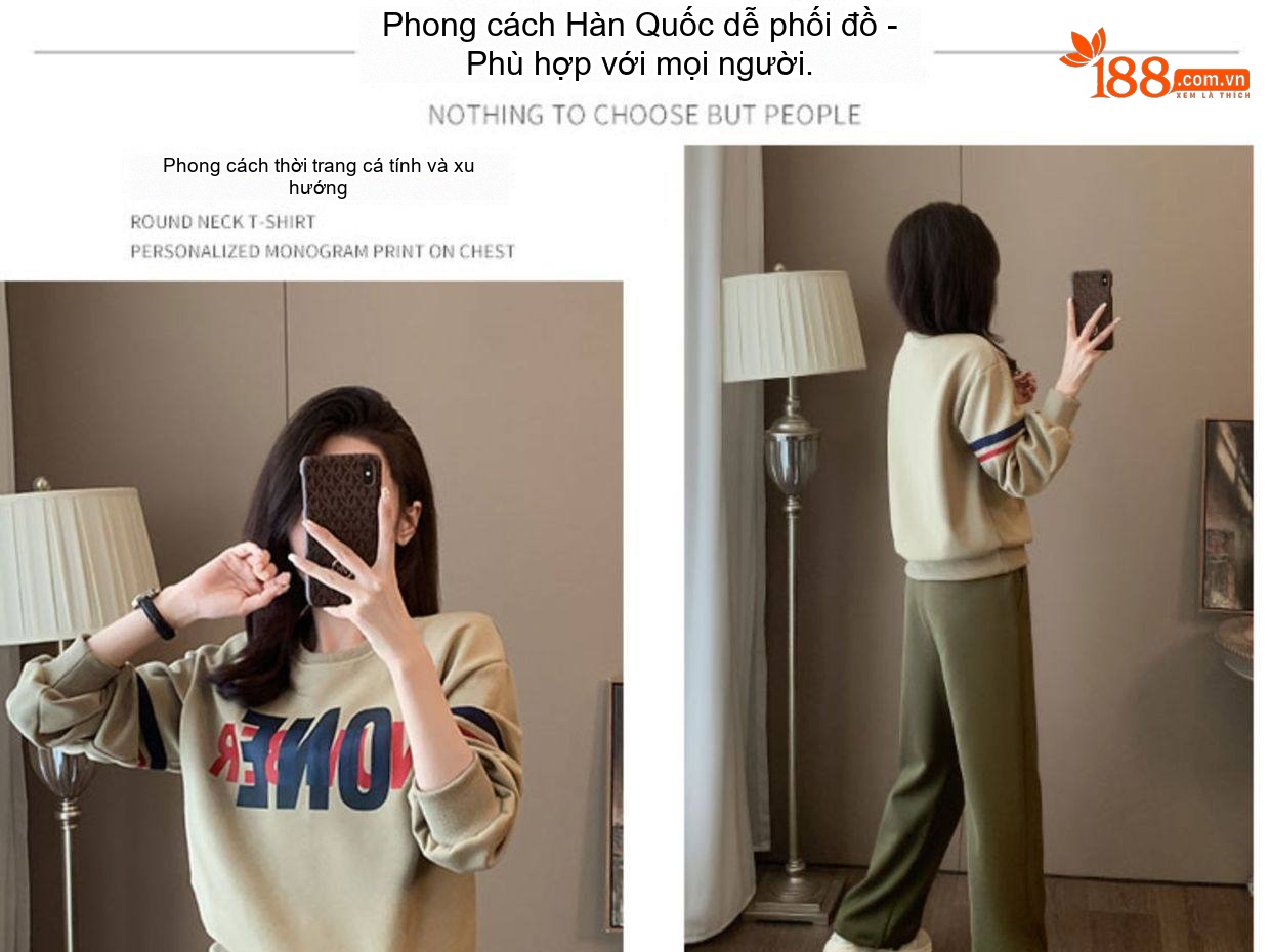 Bộ Đồ Nữ Thu Đông Áo Hoodie Quần Dài Ống Rộng Phong Cách Thời Trang Màu Be, Xanh Olive chi tiết 7