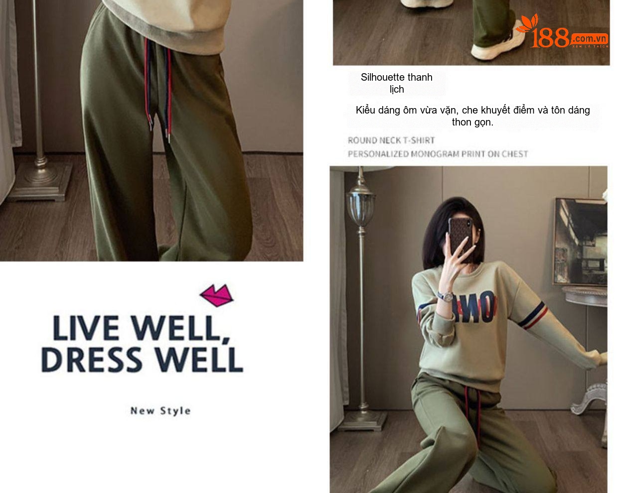 Bộ Đồ Nữ Thu Đông Áo Hoodie Quần Dài Ống Rộng Phong Cách Thời Trang Màu Be, Xanh Olive chi tiết 8