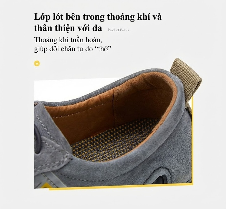 Giày Mọi Nam Da Mờ Thoáng Khí Đế Bệt Chiều Cao Đế Khoảng 2cm Màu Xám, Kem chi tiết 7