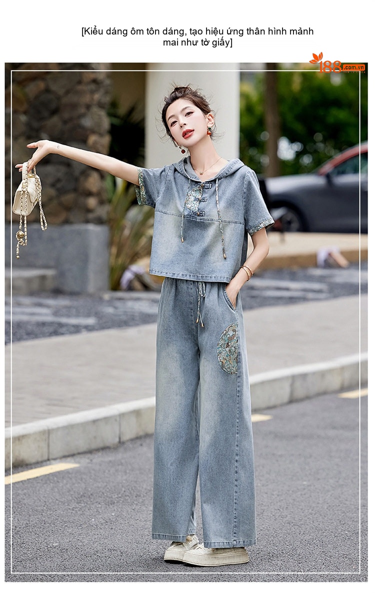 Bộ Quần Áo Nữ Thiết Kế Thêu Hoa Cao Cấp, Áo Hoodie Quần Ống Rộng Phong Cách Trung Hoa Màu Xanh Denim chi tiết 8