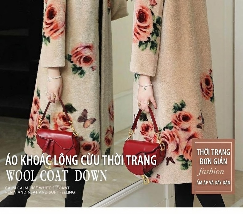 Áo Khoác Dạ Nữ Dáng Dài Lông Cừu In Hoa Cỡ Lớn Màu Be chi tiết 2