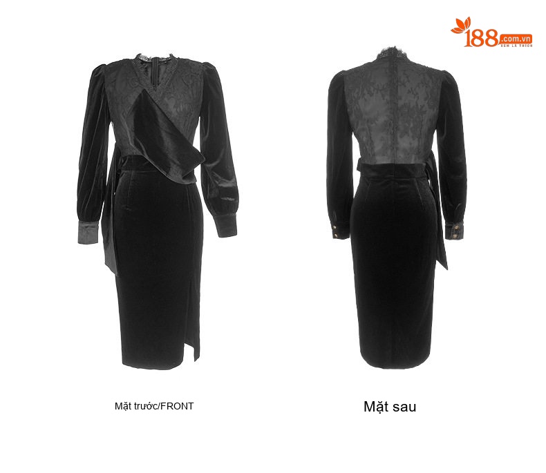 Váy Ôm Body Nữ Dài Tay Lụa Nhung Phối Ren Xẻ Tà Phong Cách Hepburn Màu Đen chi tiết 6