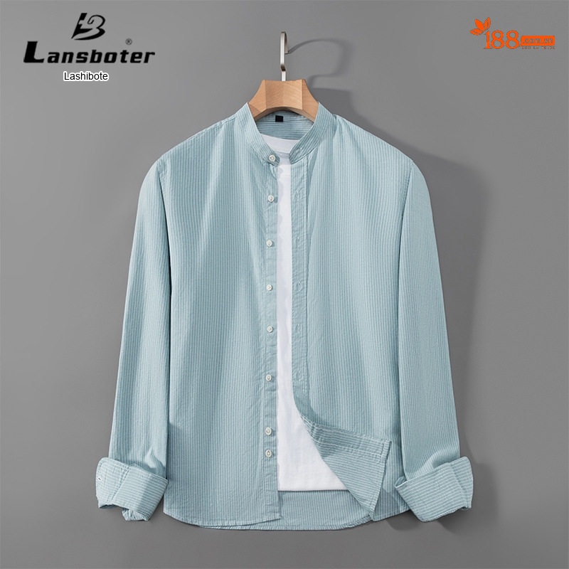 Áo Sơ Mi Nam Tay Dài Cotton Kẻ Sọc Cổ Trụ Form Slimfit Màu Xanh Dương, Trắng, Xám, Xanh...