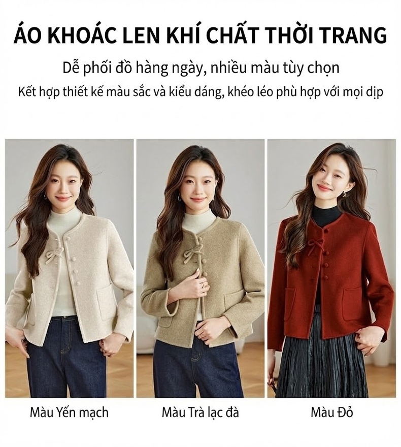 Áo Khoác Lông Cừu Hai Mặt Dáng Ngắn Phong Cách Tiểu Thư Màu Be, Đỏ chi tiết 2
