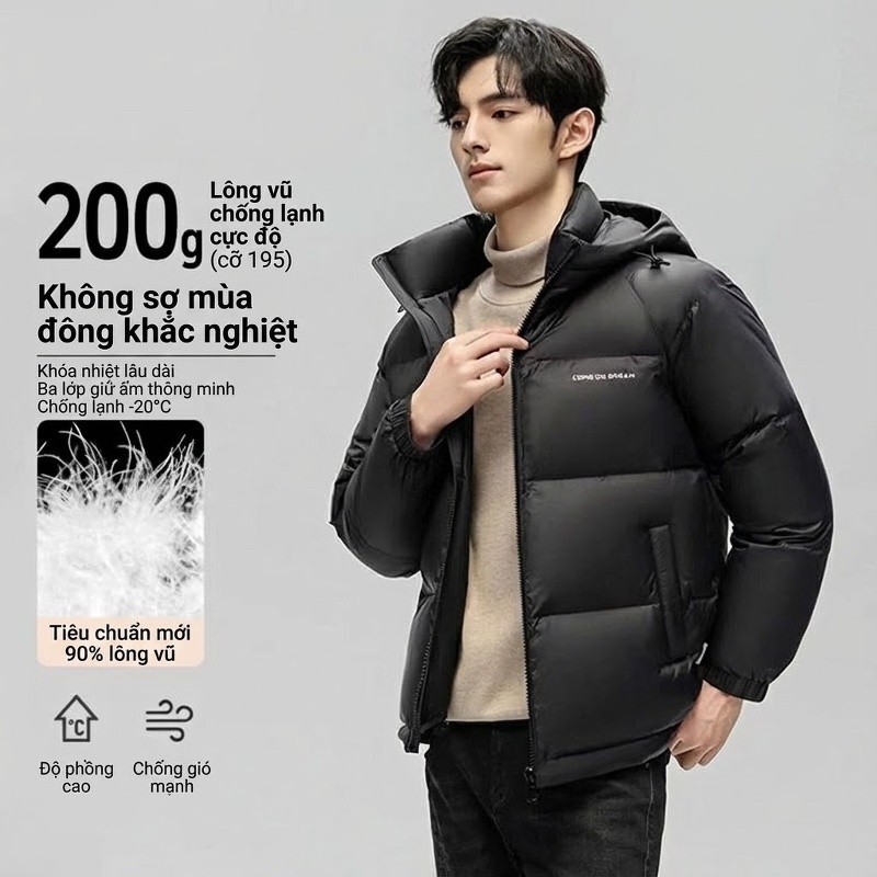 Áo Khoác Phao Nam Nữ Lông Vũ Dày Dặn Mũ Trùm Đầu Form Rộng Giữ Ấm Màu Đen, Xám, Xanh Navy
