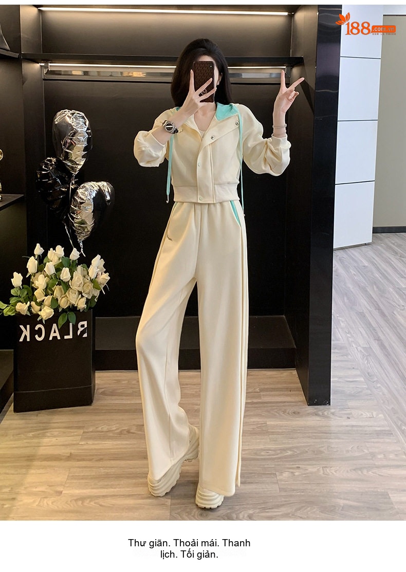 Bộ Quần Áo Thể Thao Nữ Áo Khoác Quần Ống Rộng Phong Cách Trẻ Trung Màu Kem, Xanh chi tiết 19
